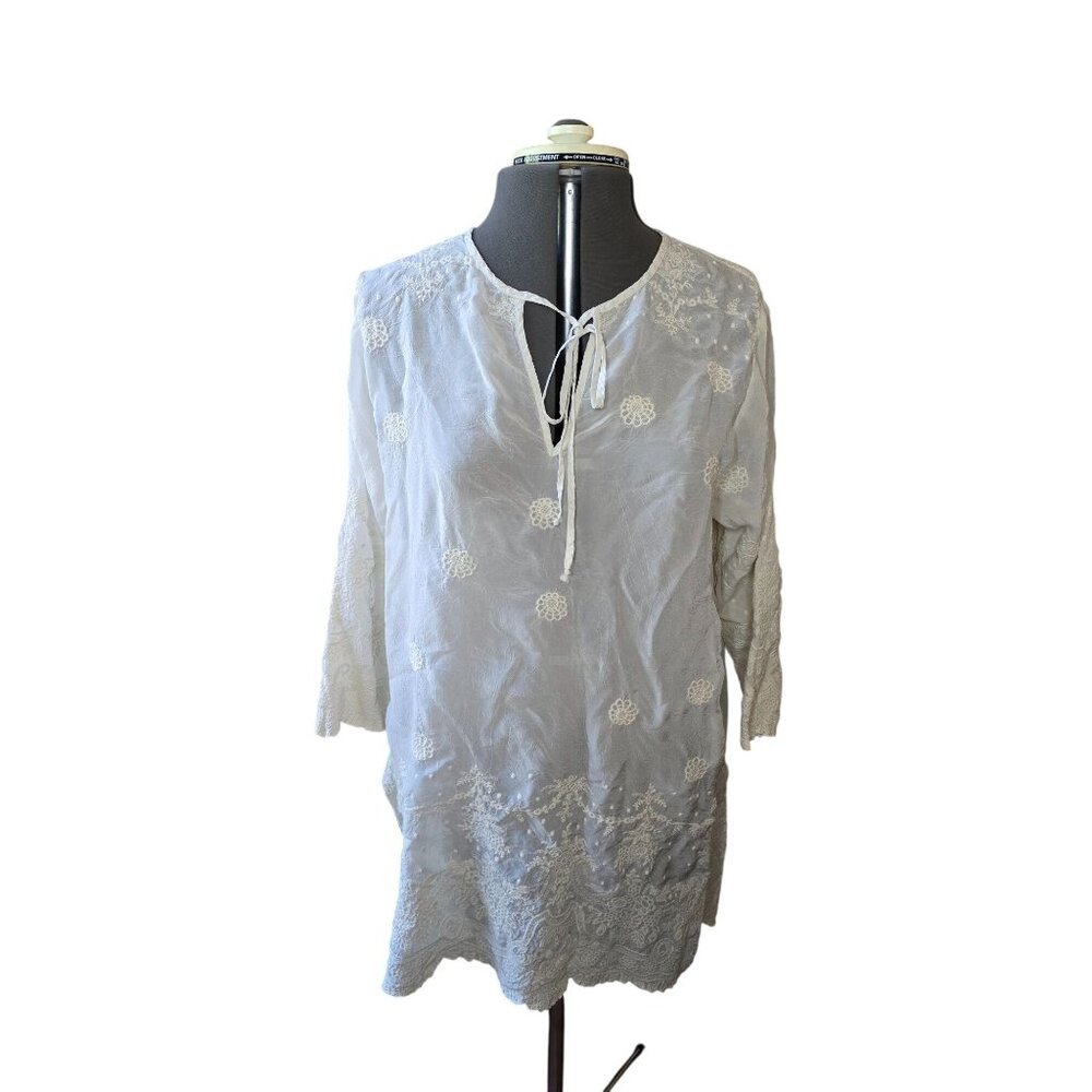 Johnny Was Cream Embroidered Tunic M White‎ Lace Boho Chic Womens Blouse